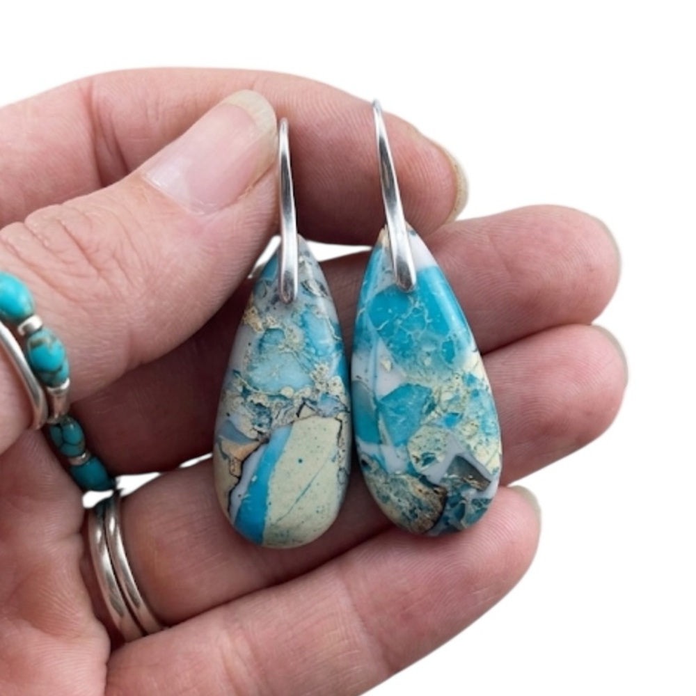Blue Sea Sediment Jasper Teardrop Earrings Sterling Silver Bohemian Dangle New